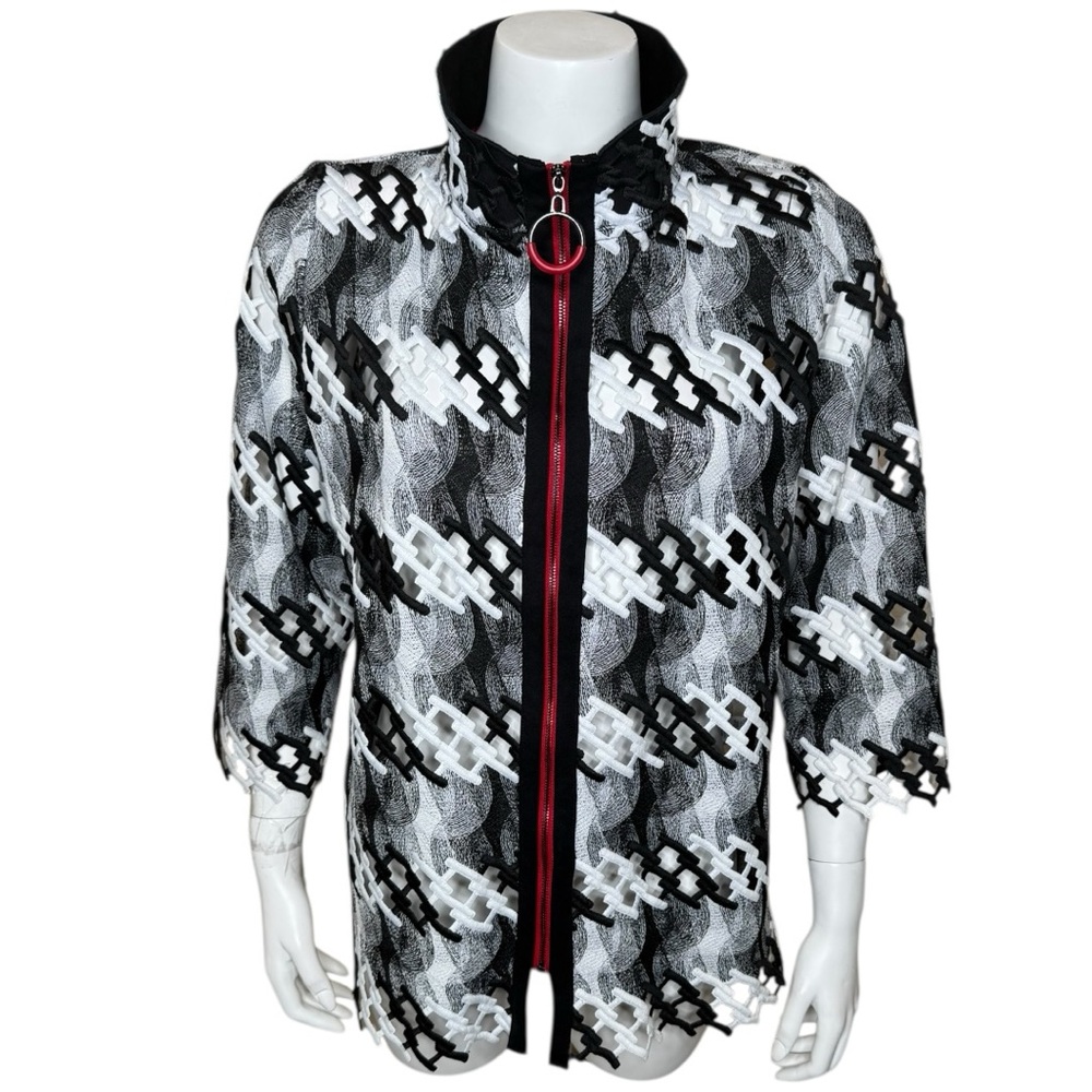 IC by Connie K Modern Geometric Zip Jacket Black White Cutout Abstract Artsy